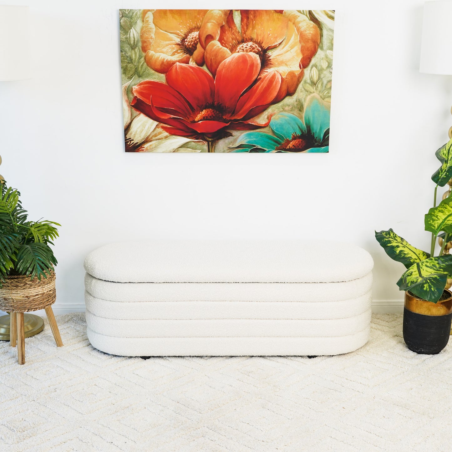 Cabana White Boucle Bench W Storage