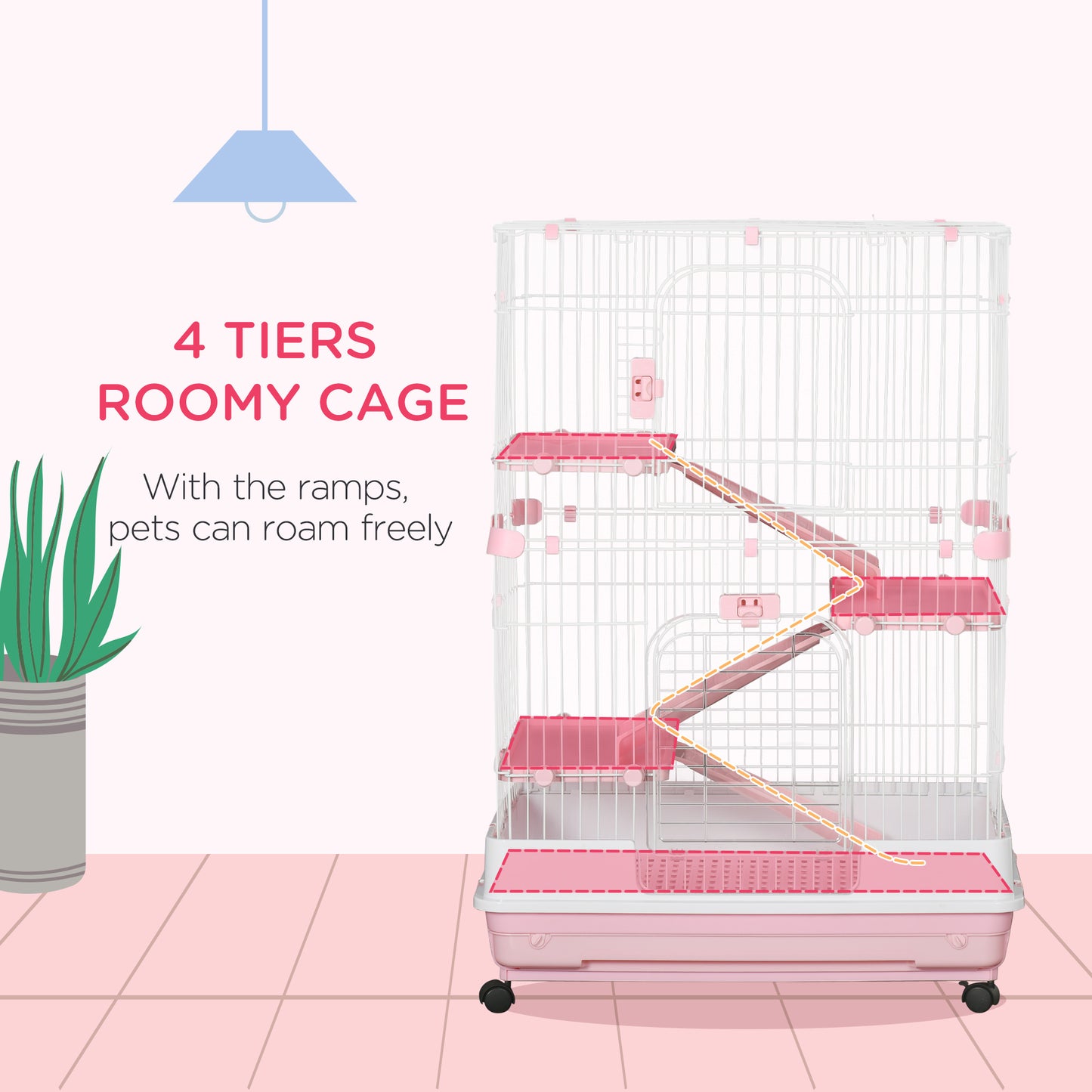 Small Animal Cage with Wheels & Slide-Out Tray for Rabbits, Chinchillas, Ferrets - Pink, 32 Inches