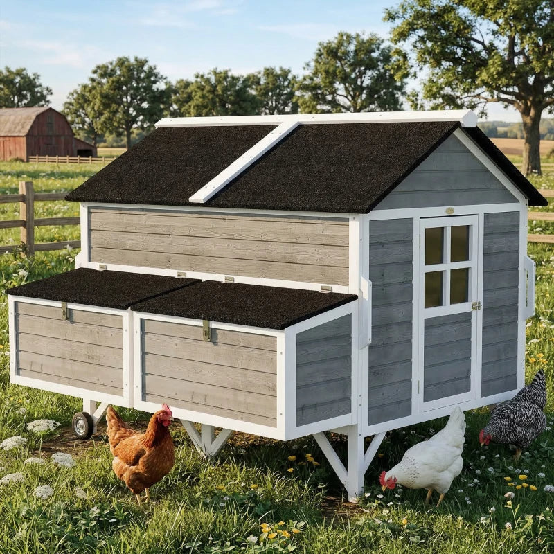 Wooden Chicken Coop with Wheels Handles 2 Nesting Boxes 4 Perches 2 Trays Gray