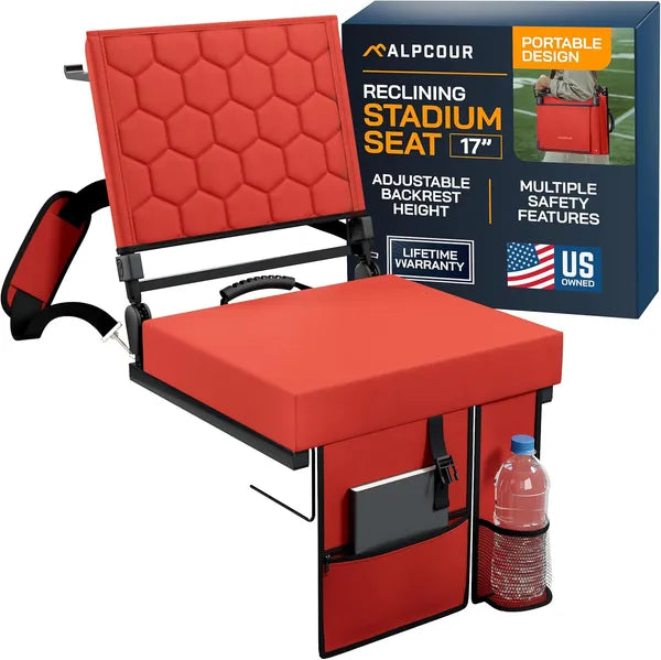 Folding Reclining Stadium Seat with Back Support - Red 17" Wide