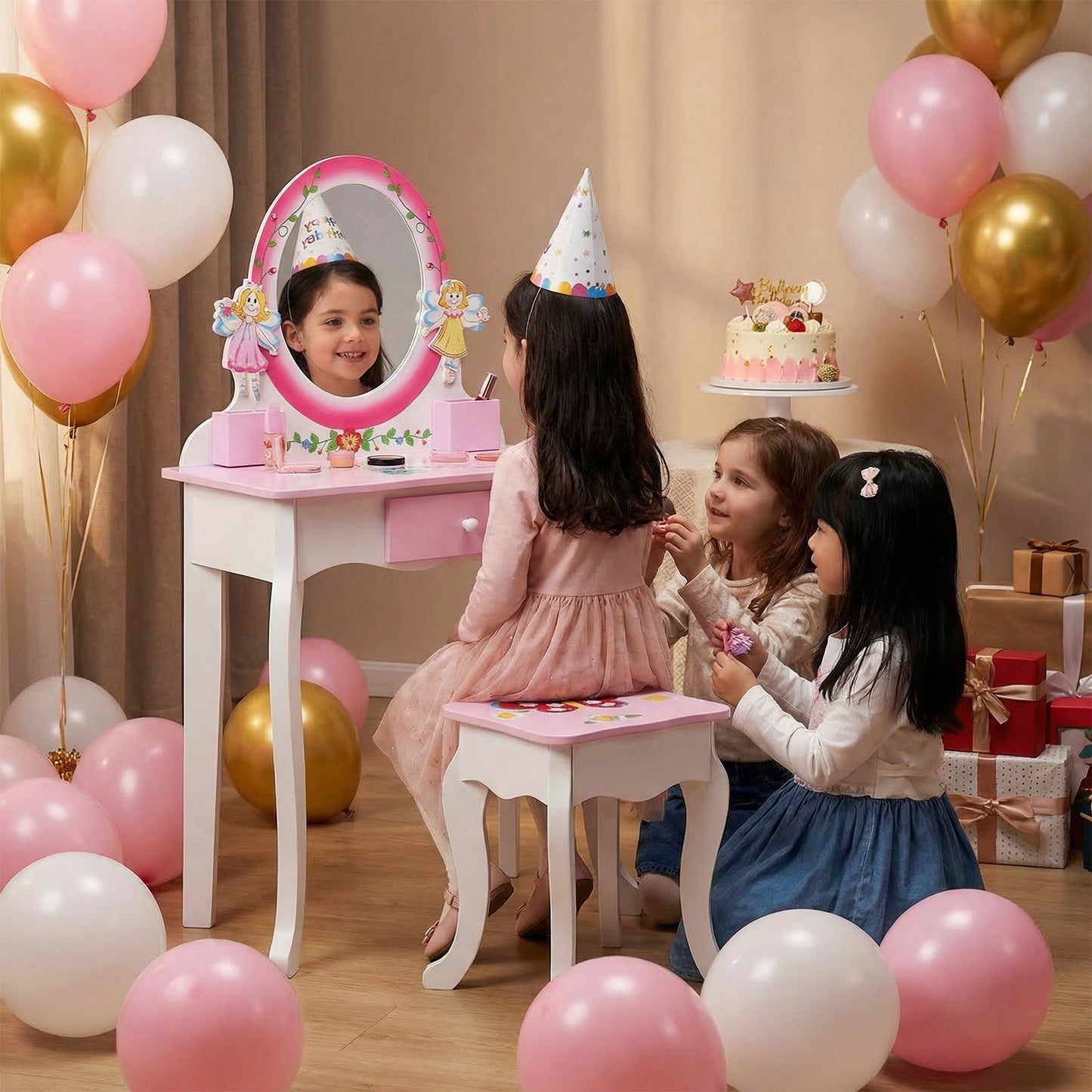 Kids Vanity Set Floral Printed Wooden Makeup Dressing Princess Table
