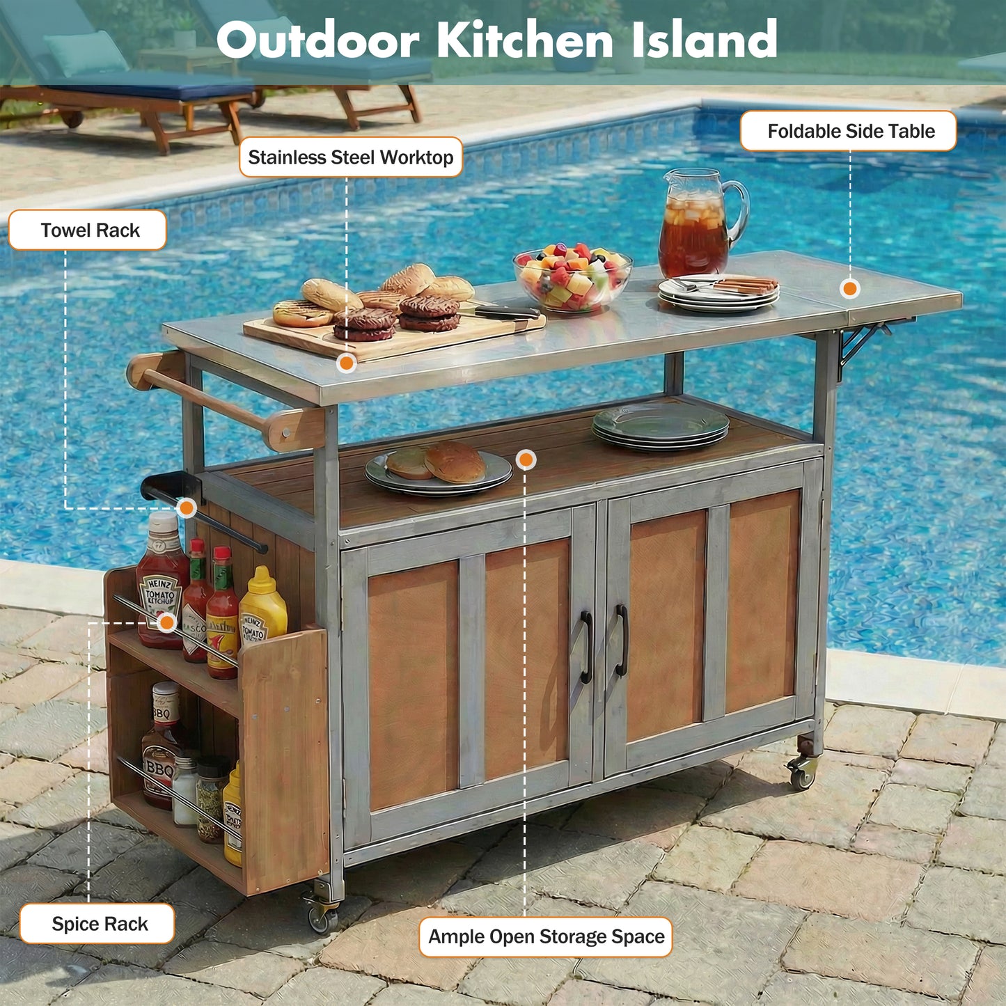 Foldable Outdoor Kitchen Island Patio Mobile Cart Portable Cooking