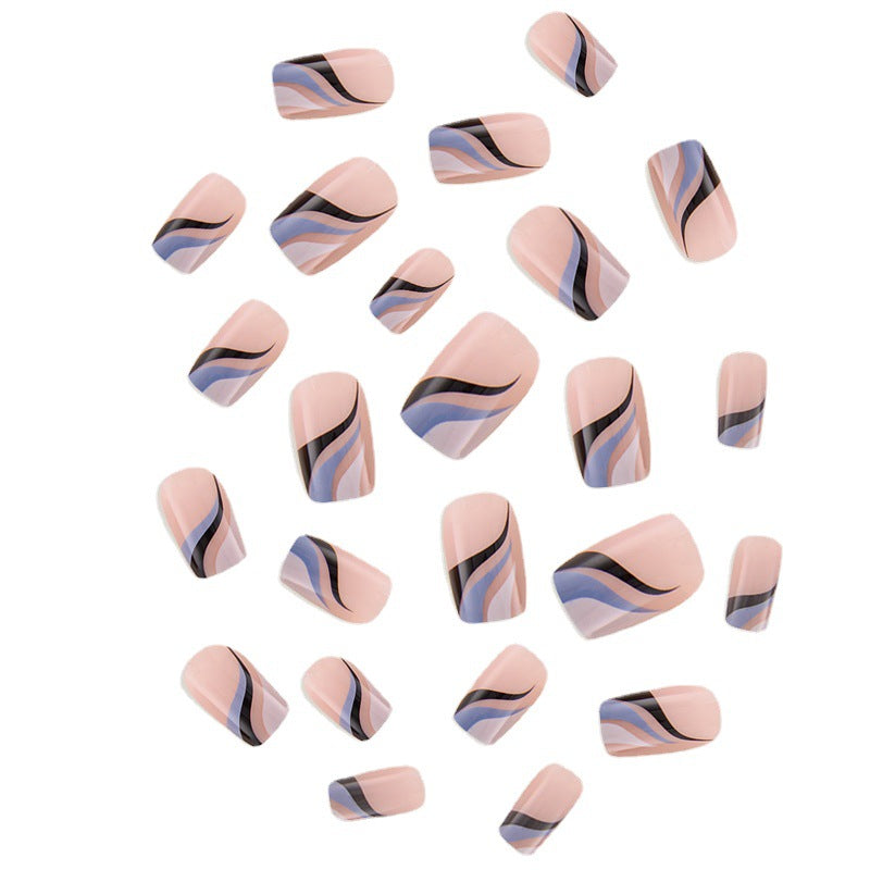 French Line Nail Tips with Water Ripple Design and Nail Stickers - 24 Pieces