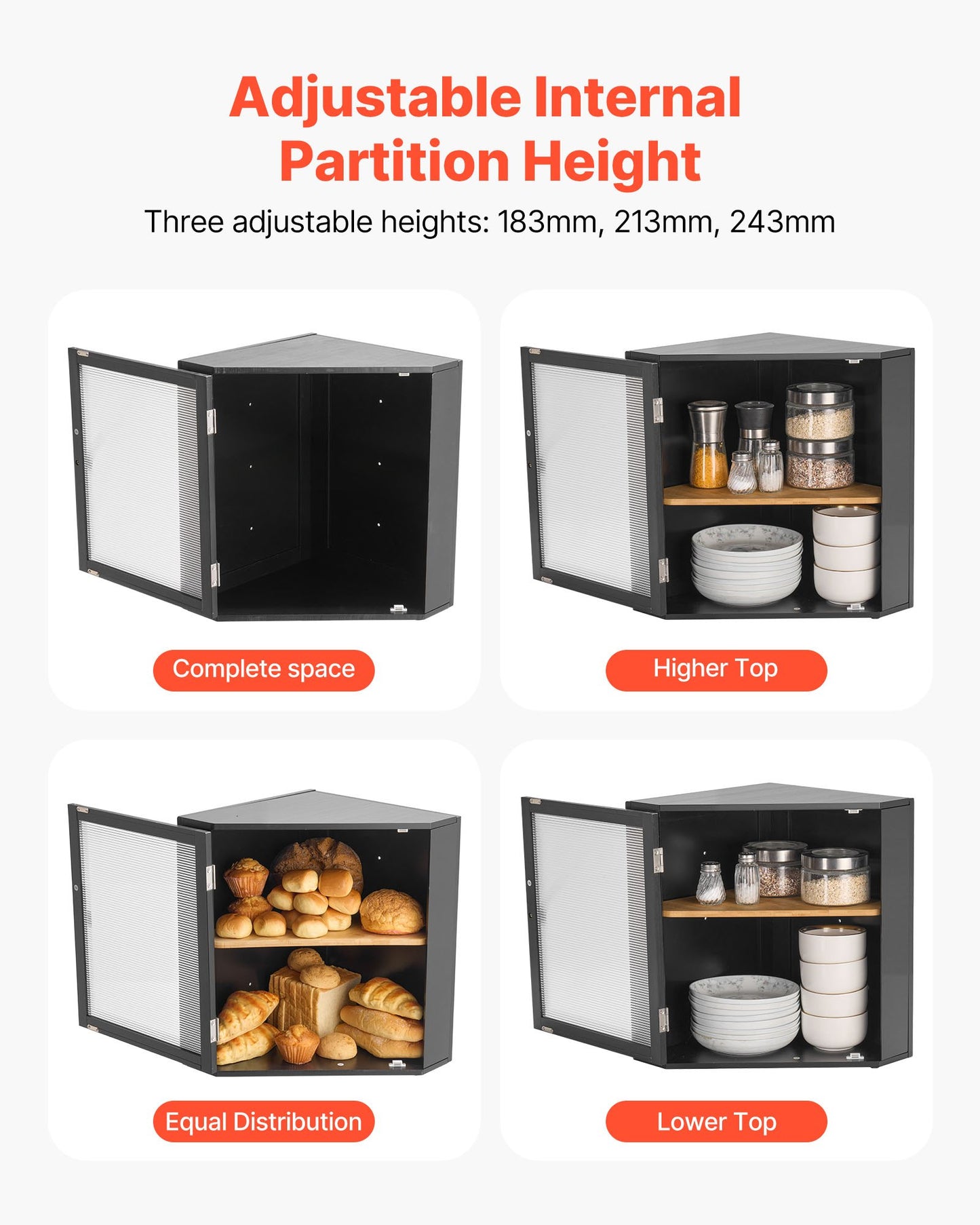Double Layer Bamboo Corner Bread Box for Kitchen - Black
