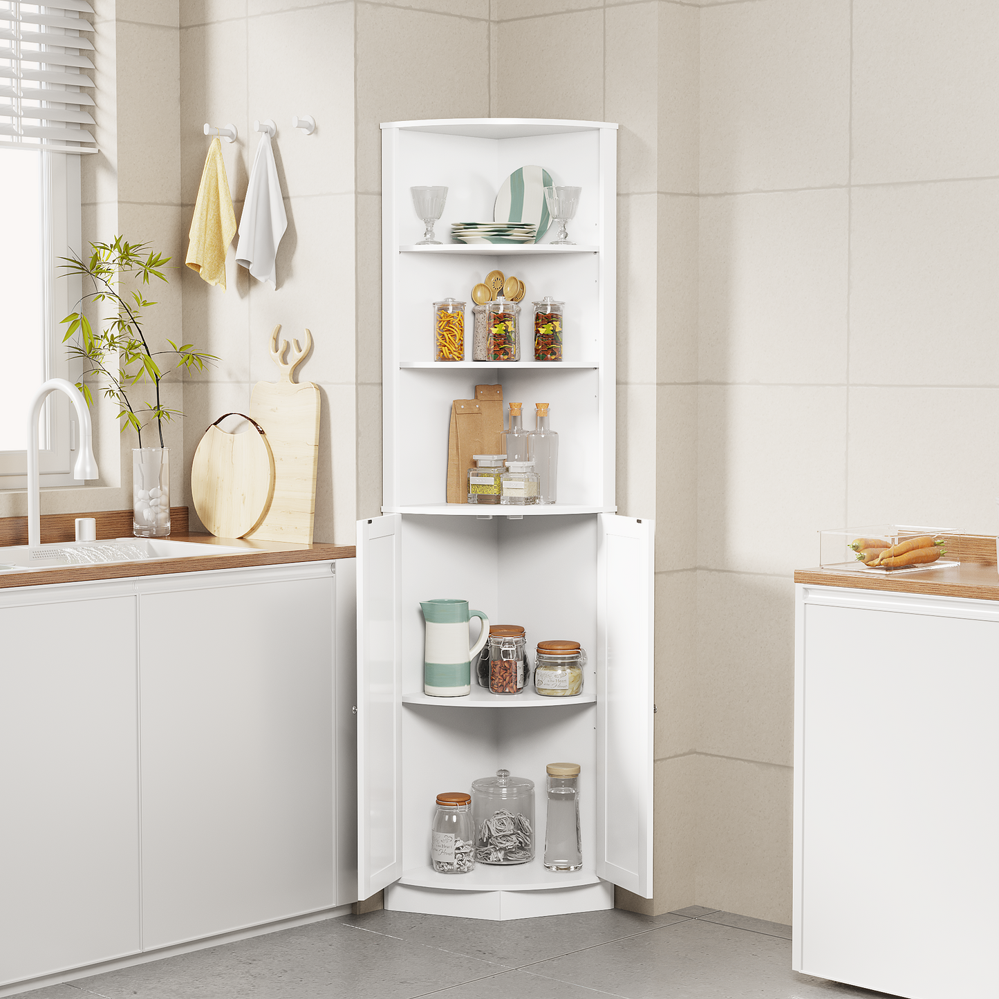 67" Tall Corner Cabinet with 2 Doors and Adjustable Shelves - White