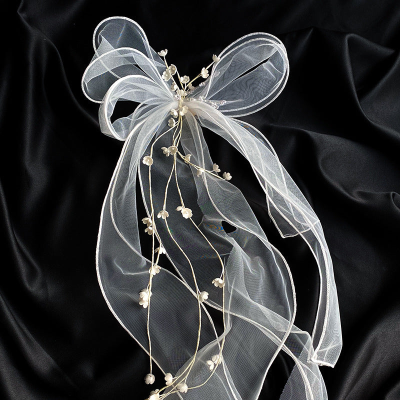 Mesh Side Clip Hair Pin - White Bow