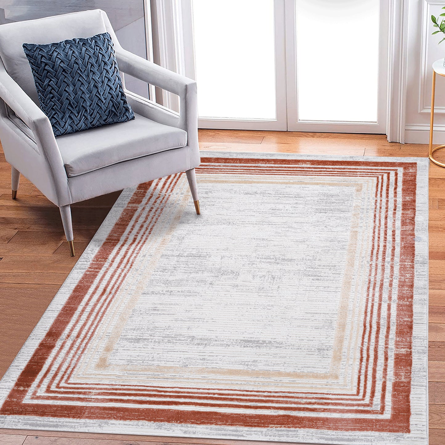 MARFI 5X7 Brown Ivory Bordered Area Rug