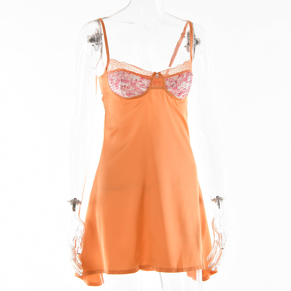 Lace Splicing Sling Short Dress with Low-Cut Design
