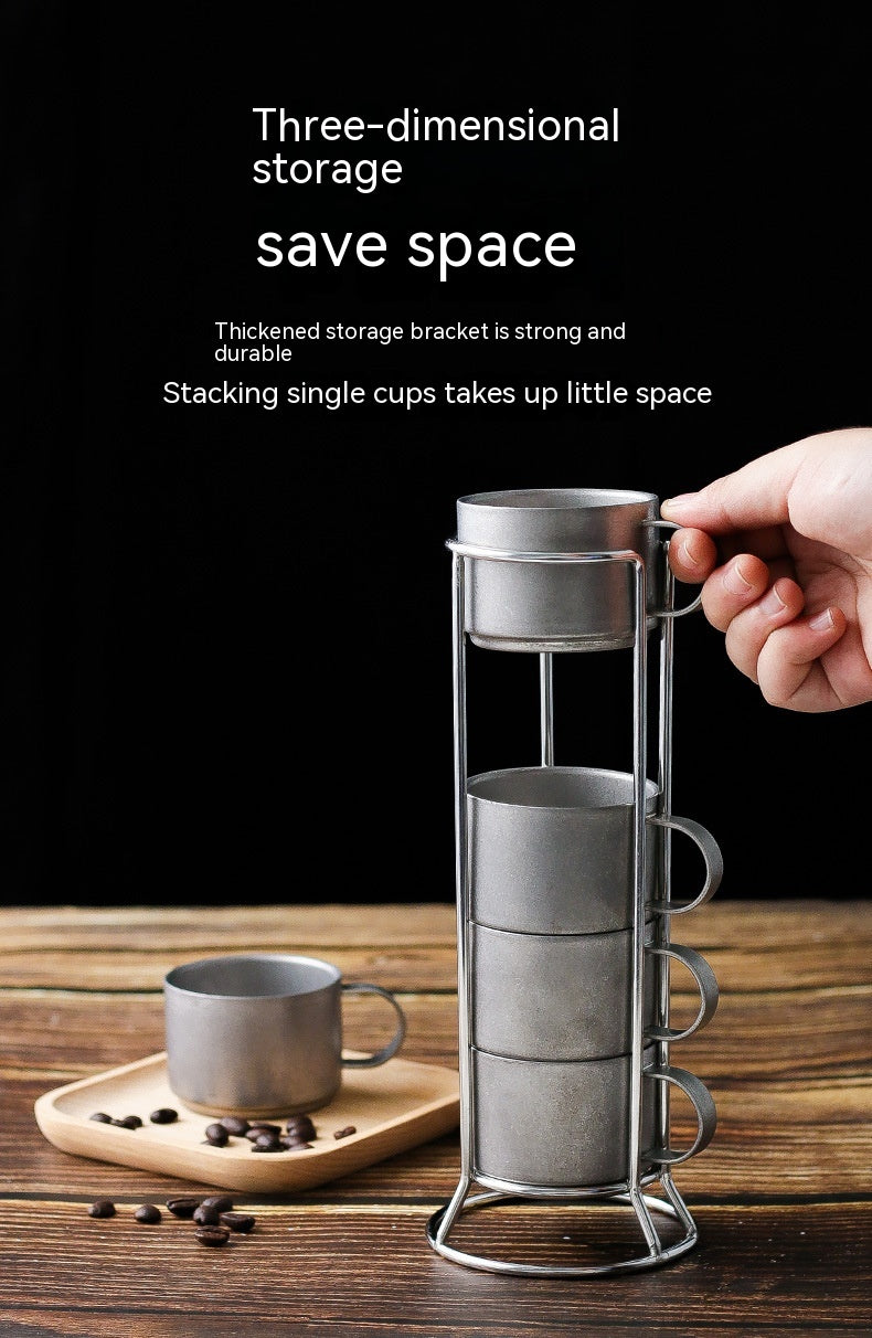 Outdoor Double-Deck Stainless Steel Coffee Cups Set with Storage Rack - Anti-Scald Insulated Drinkware
