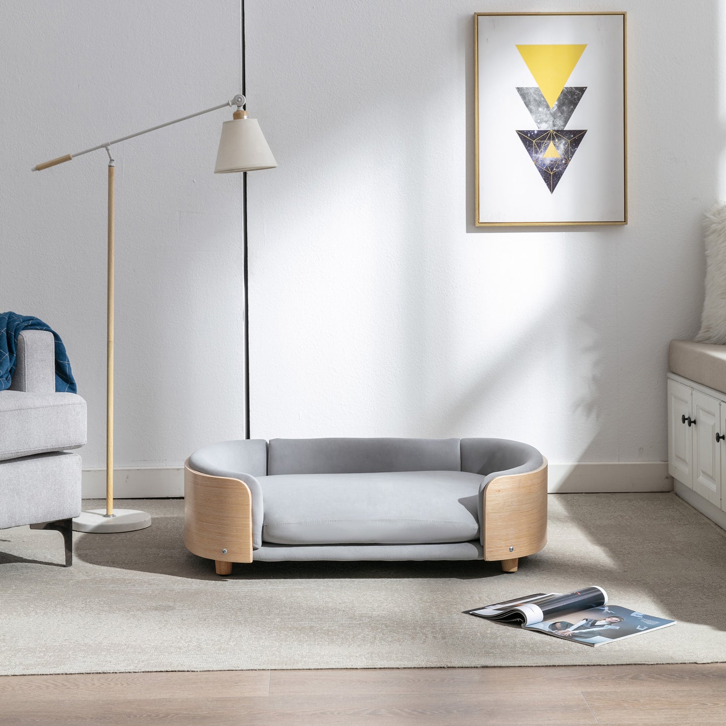 Large Scandinavian Style Elevated Dog Bed with Velvet Cushion and Solid Wood Legs