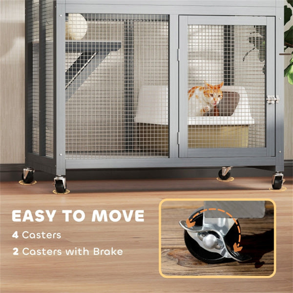 Pet Cat Stairs Climbing Tower with Roofed House and Wheels - Gray