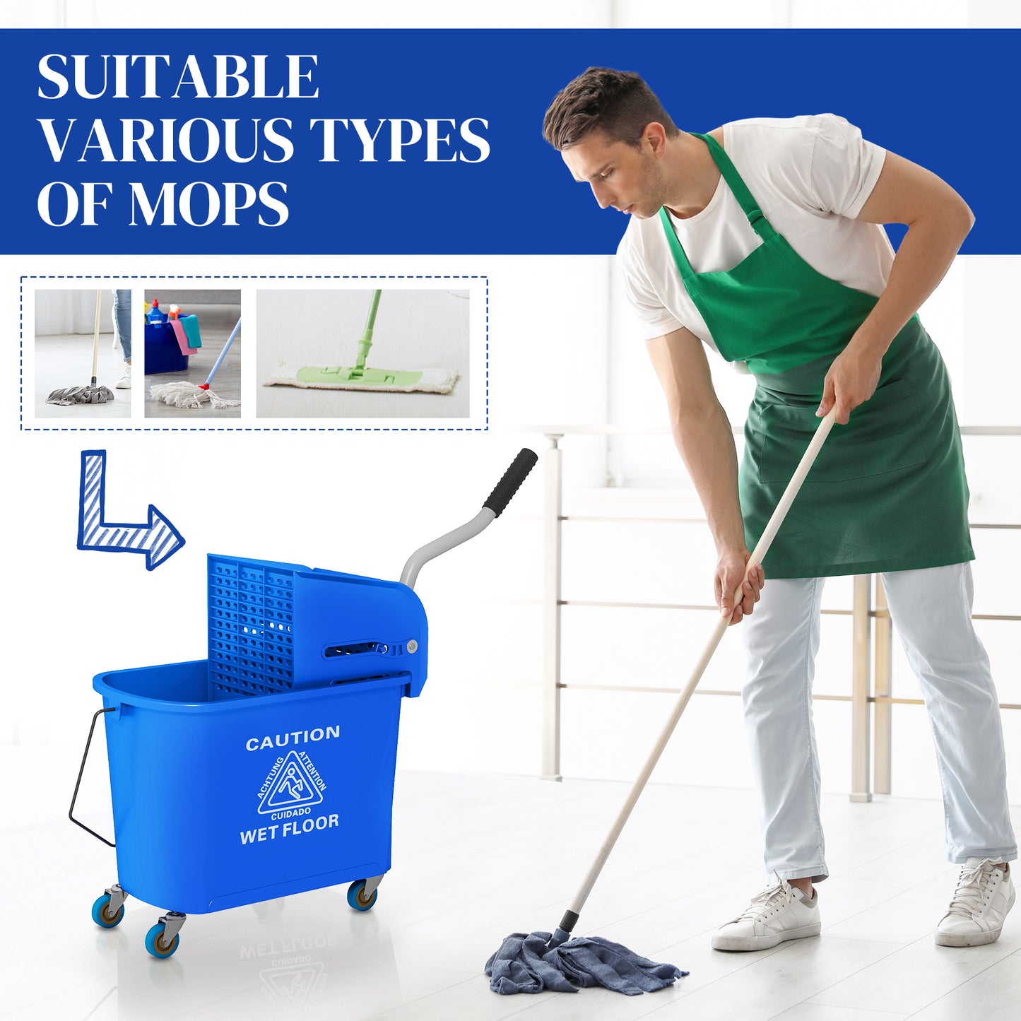 Blue 21 Quart Mop Bucket with Wringer & Water Separation for Floor Cleaning