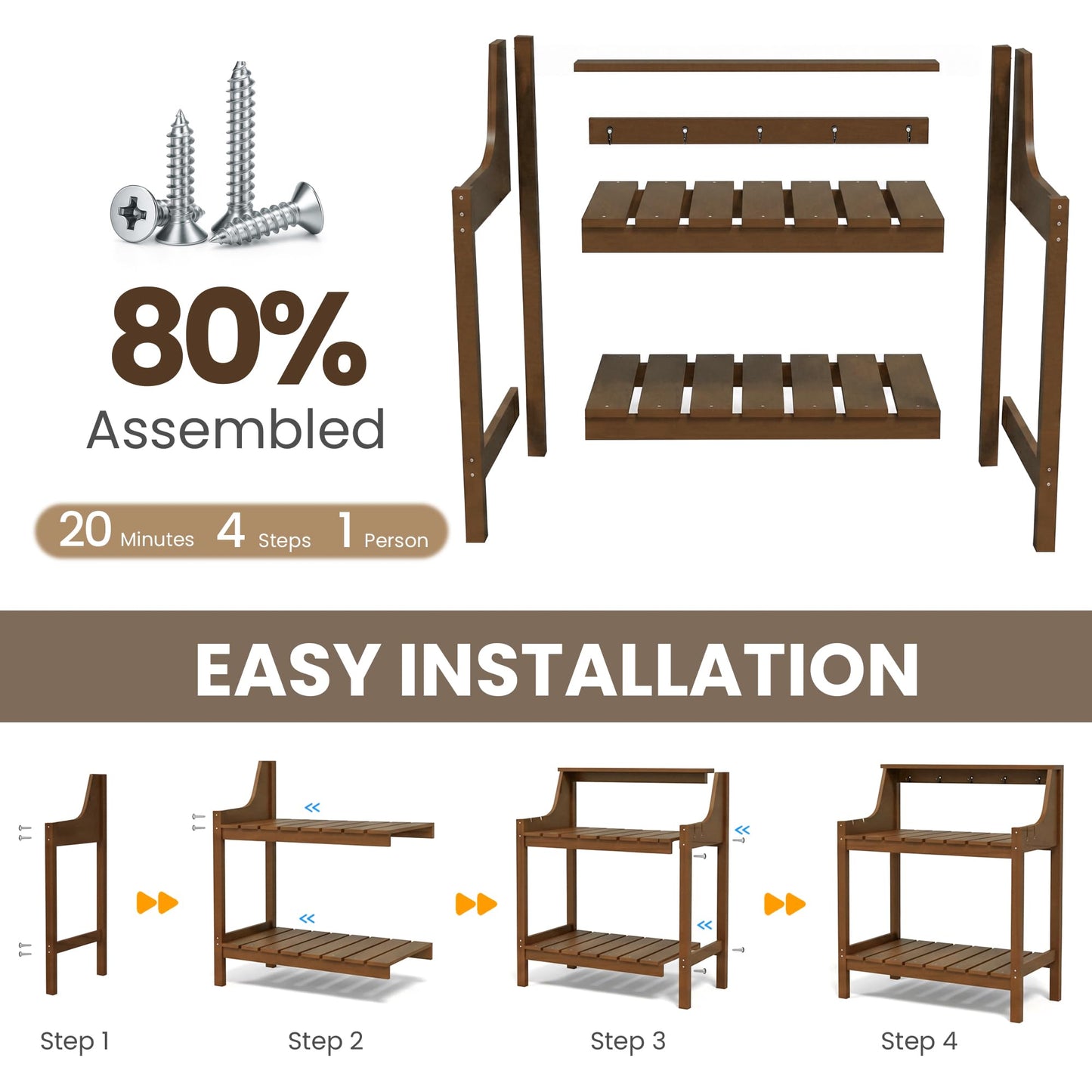 Outdoor Potting Bench with Storage - All Weather HDPE - Brown
