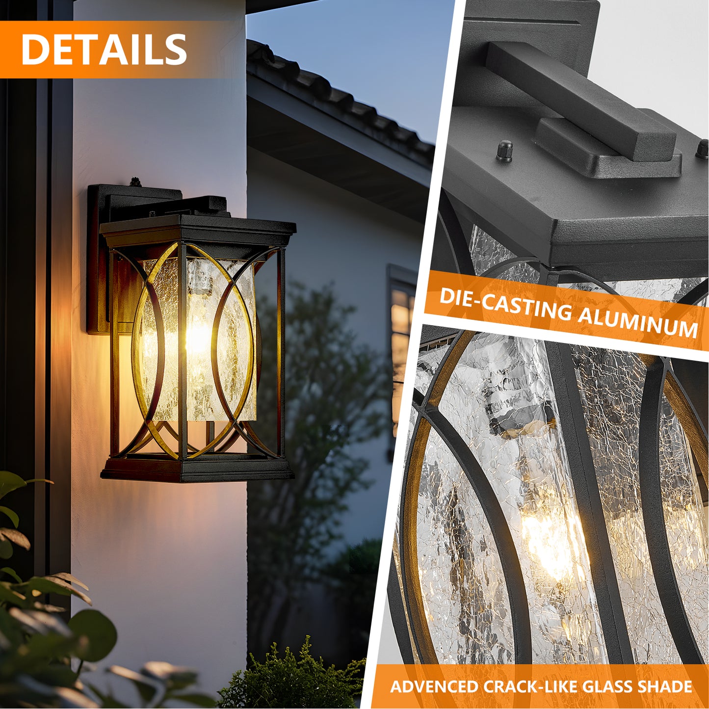 Black Outdoor Wall Lantern with Dusk to Dawn Sensor - Waterproof Aluminum Exterior Light Fixture