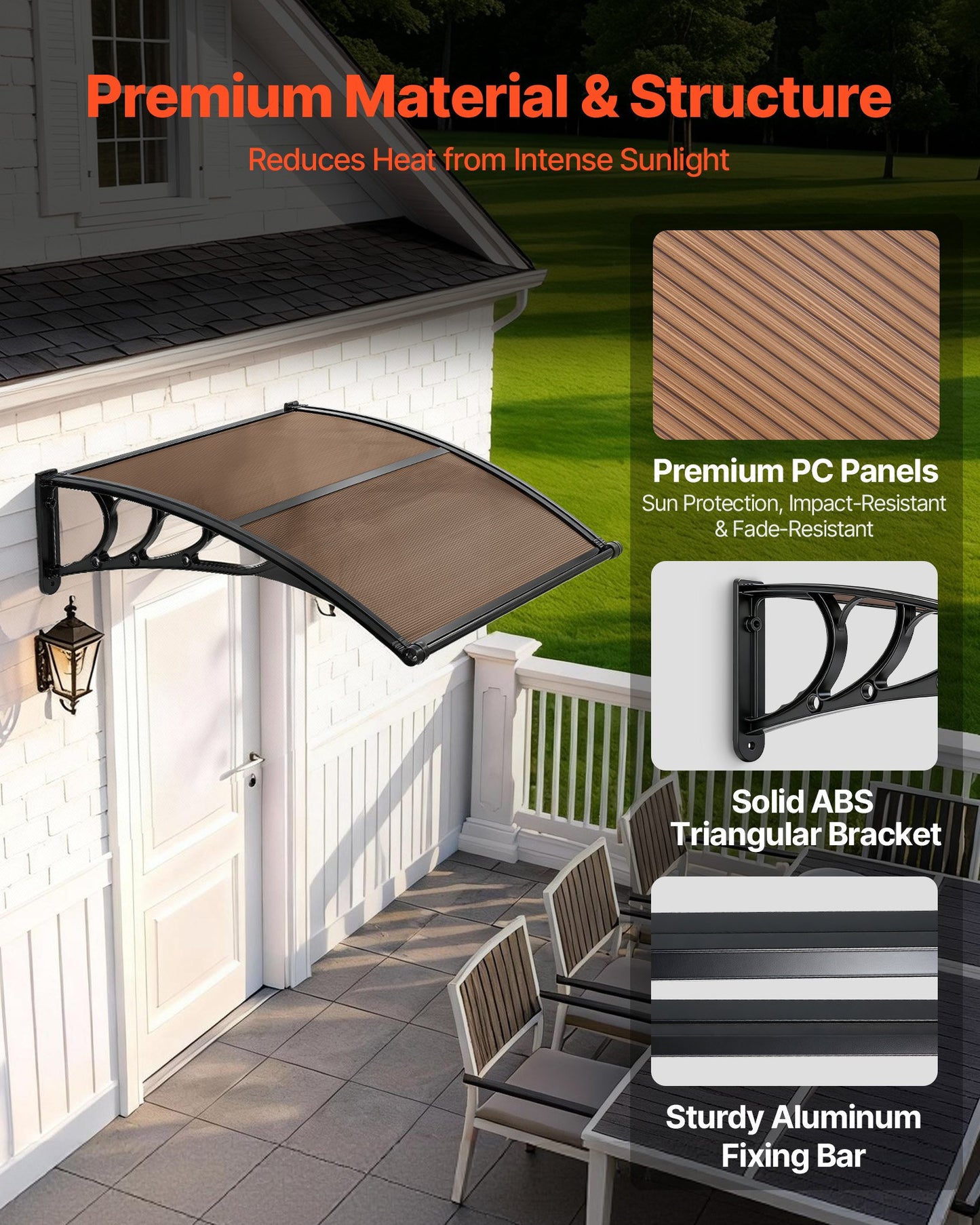 Polycarbonate Door Awning 38x40 Inch Waterproof Overhang with Drainage & Mounting Kit - Brown