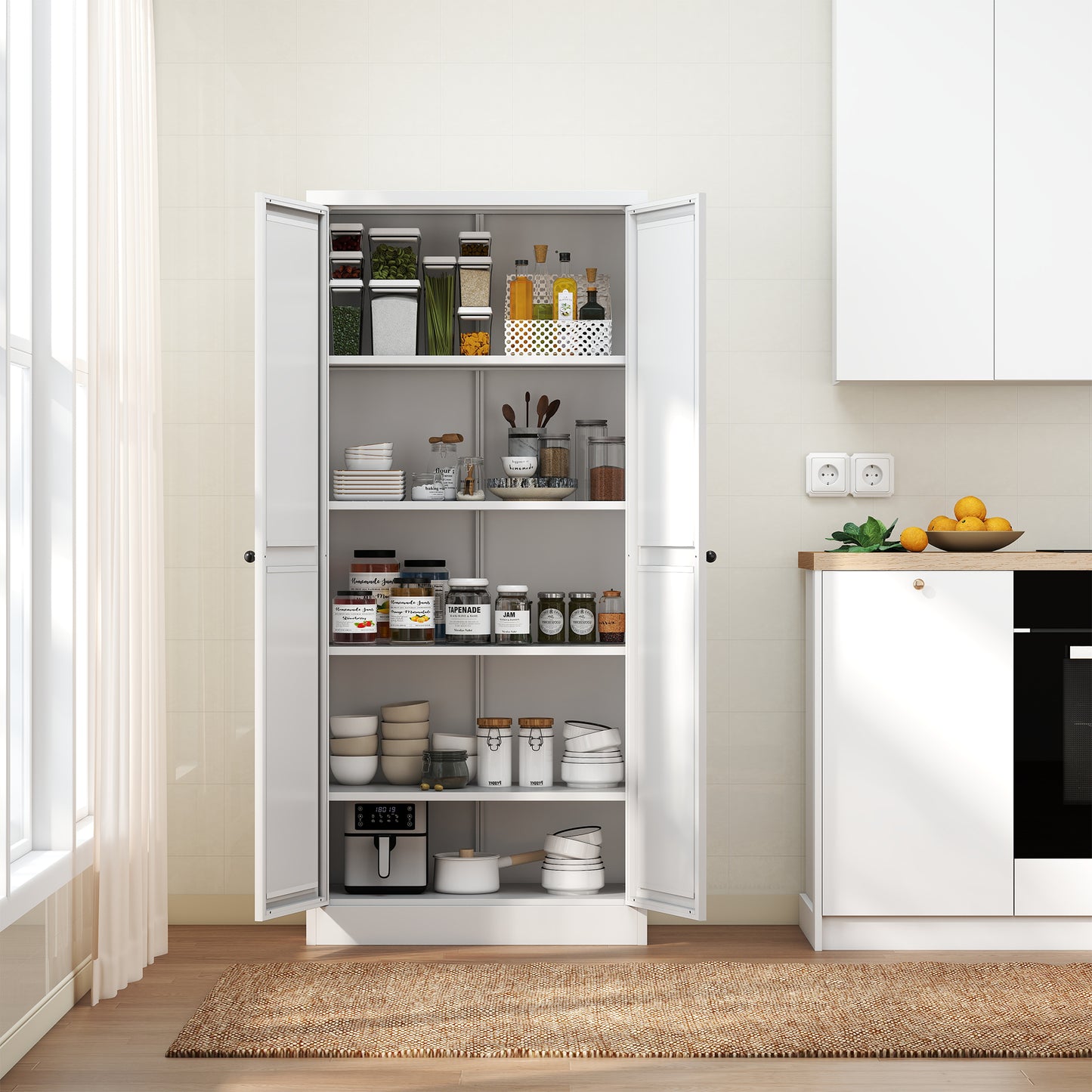 61 White Metal Kitchen Pantry Cabinet Adjustable Storage With 4