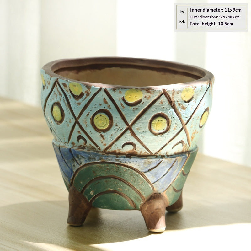 Rustic Ceramic Succulent Planter with 3D Stoneware Design - All Styles
