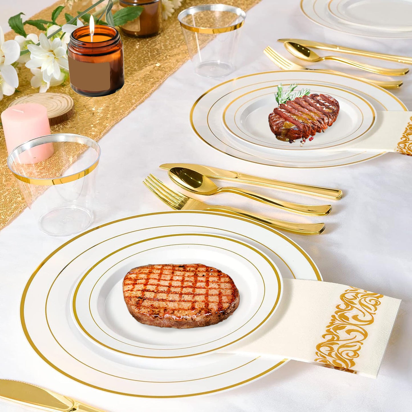 175-Piece Gold Disposable Dinnerware Set with Plates, Cups & Cutlery