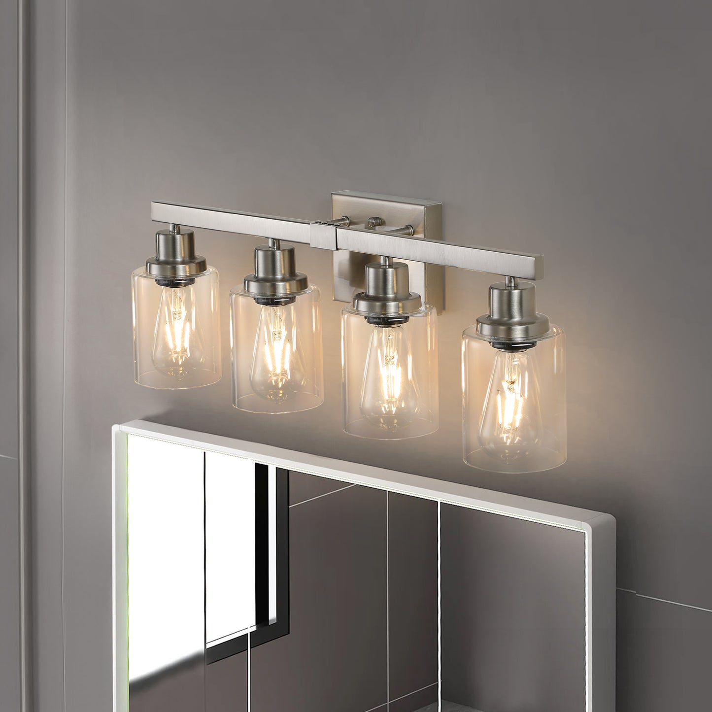 Modern 4-Light Bathroom Vanity Light Fixture - Brushed Nickel with Glass Shades