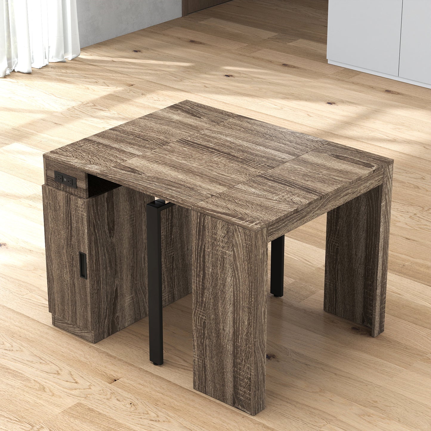 Modern Extendable Dining Table with Outlet & Storage - Brown