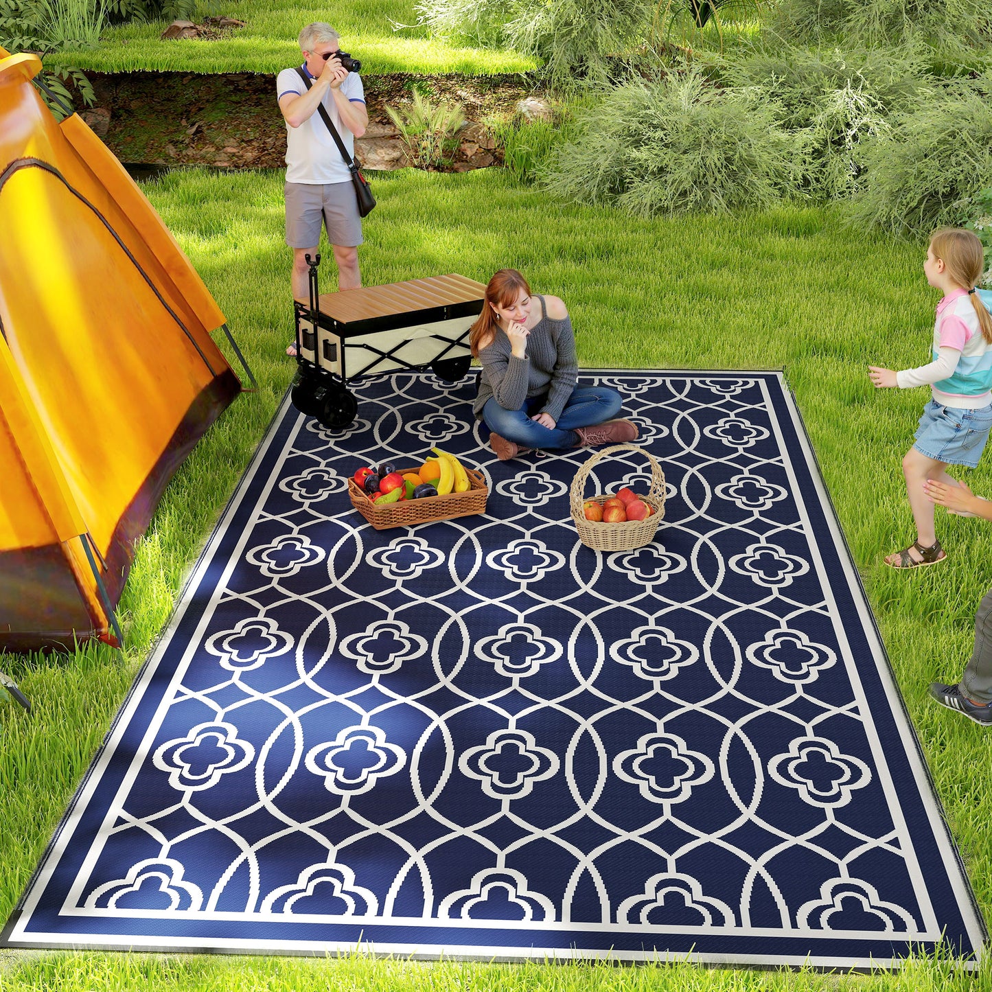 Reversible Outdoor Rug - Waterproof Blue & White Lantern, 9' x 18'