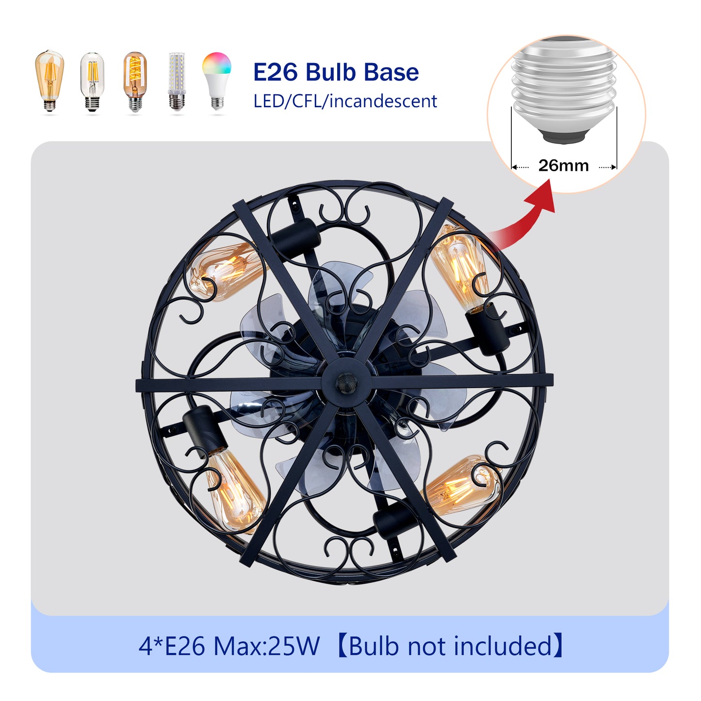 20in Ceiling Fan with Lights Remote Control Reversible DC Motor Black