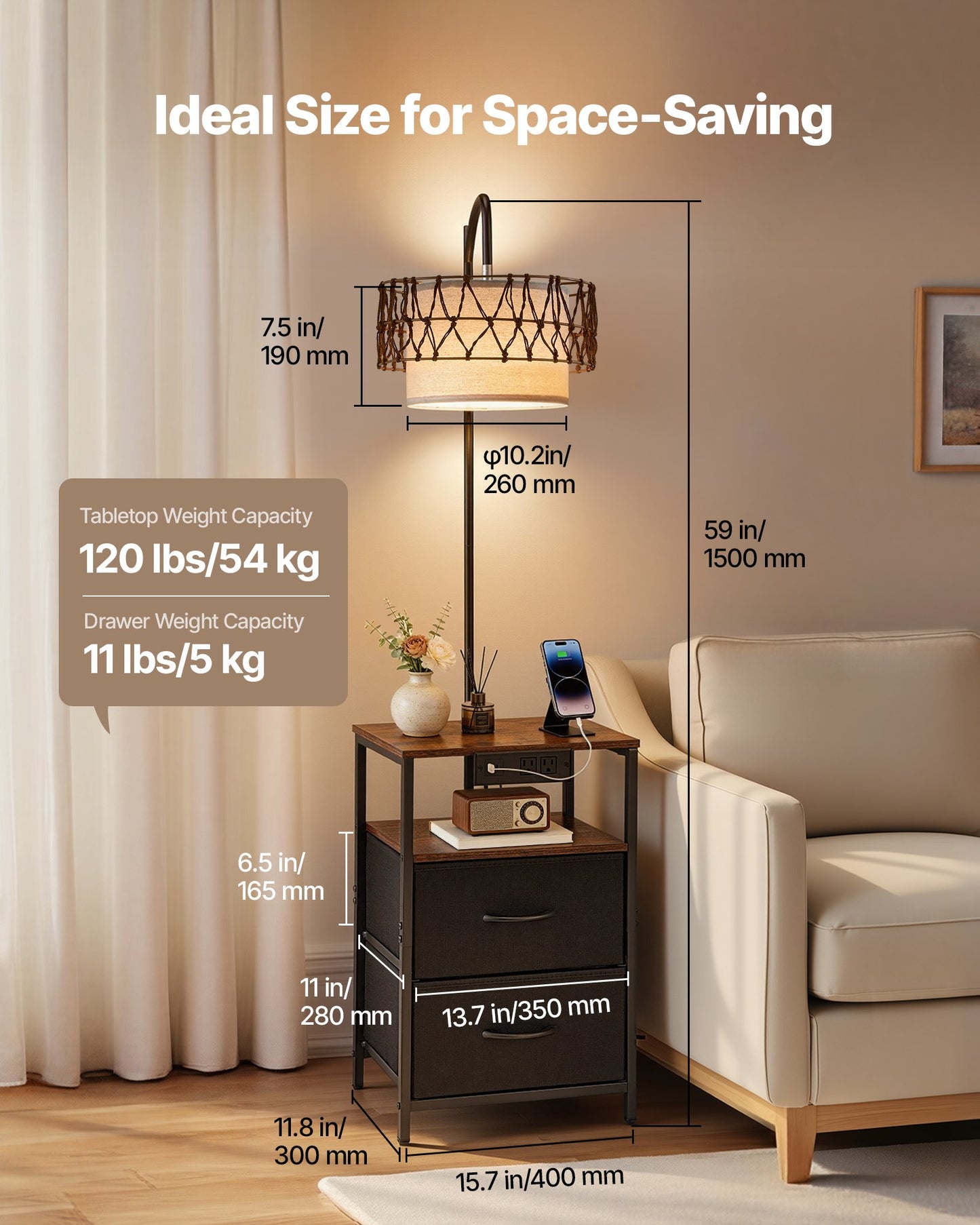 Floor Lamp with 2-Tier End Table - Modern Nightstand with USB & Charging Ports