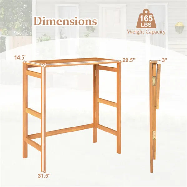 Foldable Natural Acacia Wood Patio Bar Table with Footrest