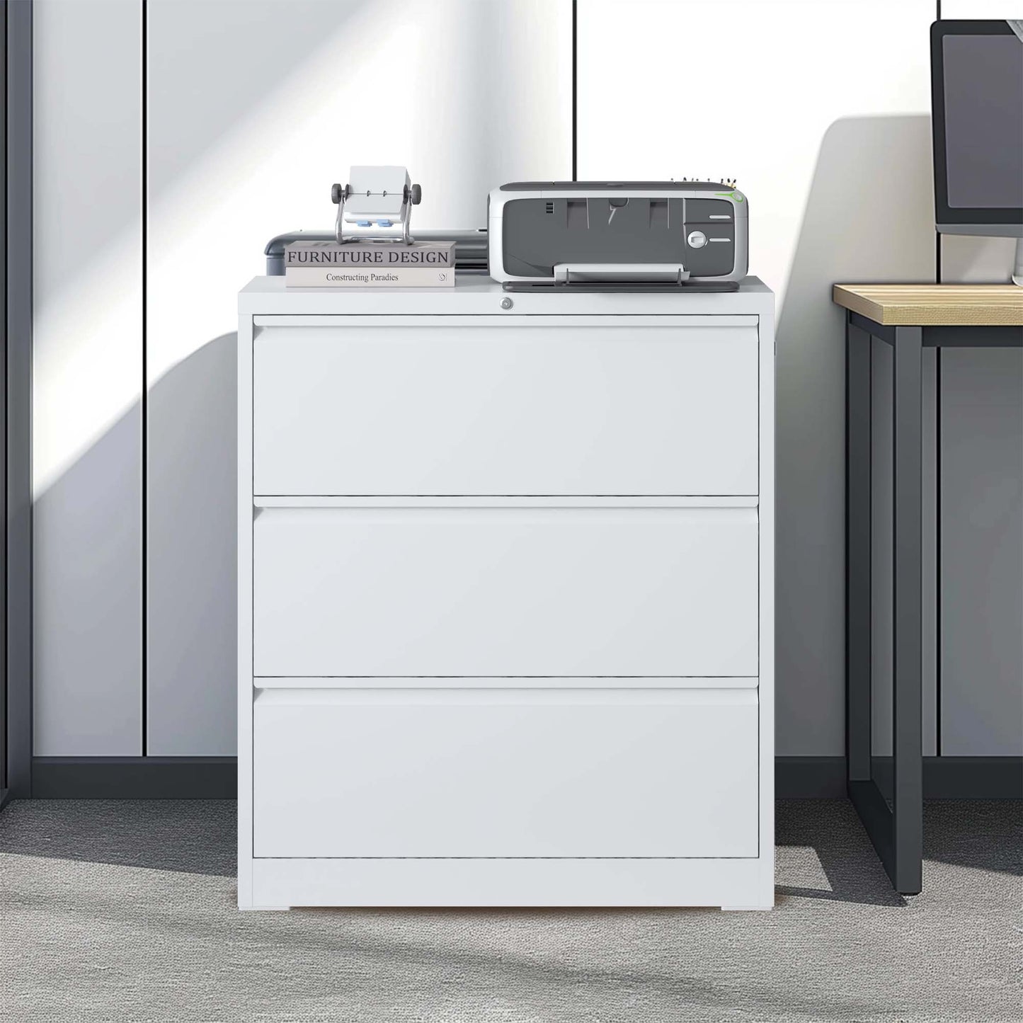Lateral File Cabinet 3 Drawer, White Filing With Lock, Lockable For