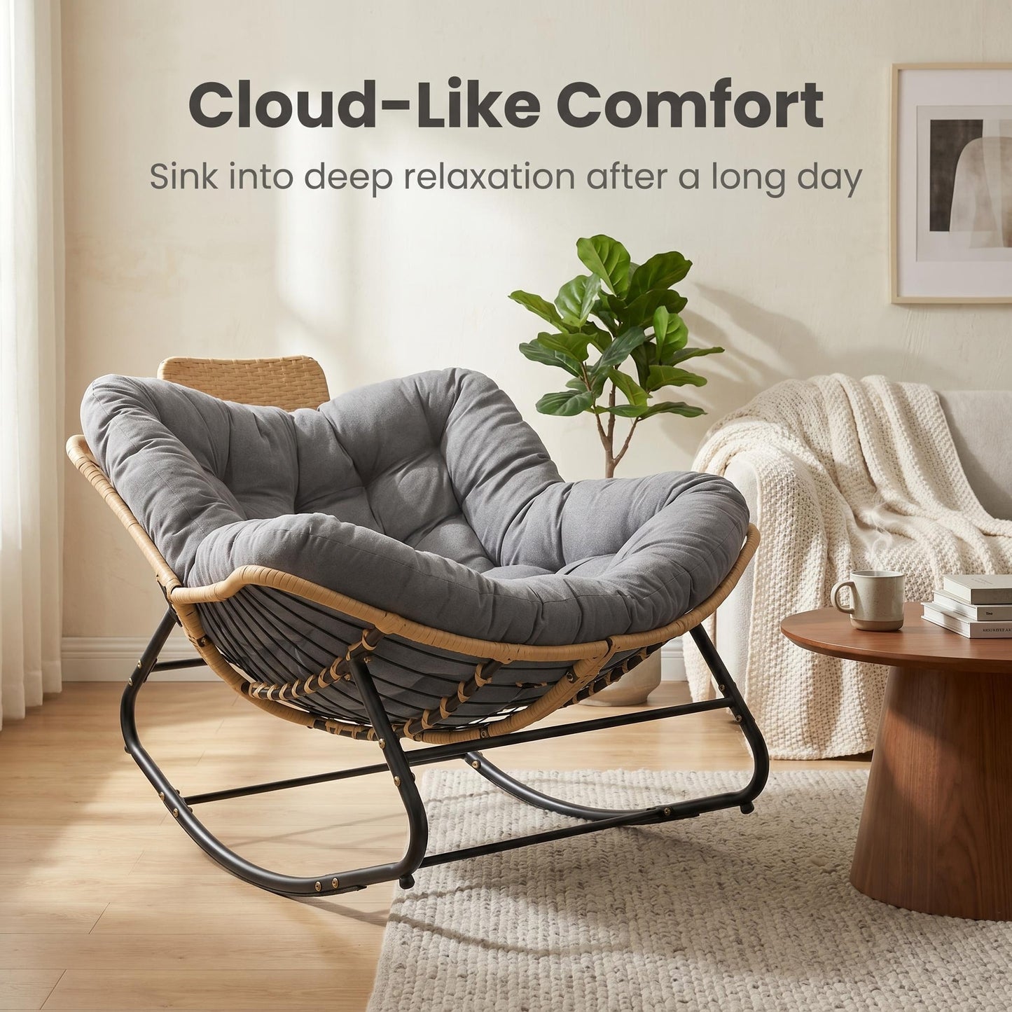 Oversized Rocking Chair with Cushion - Dark Grey Rattan