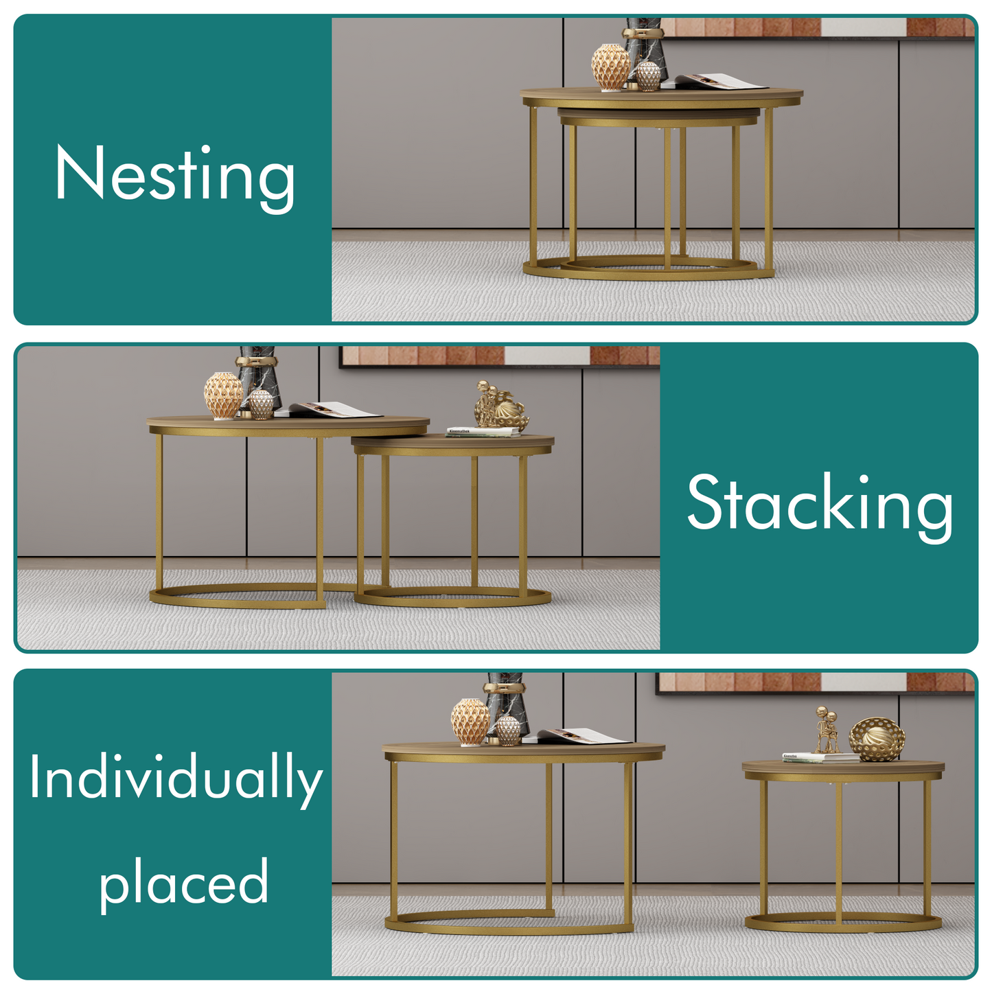 Nesting Coffee Table Set of 2 - Round Wood & Metal - Brown+Gold