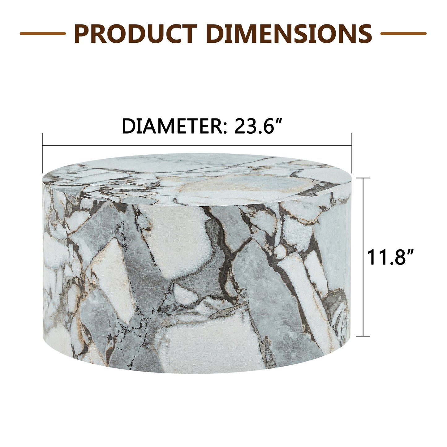 A Simple White Marble Textured Cylindrical Coffee Table, 23.6 Inches
