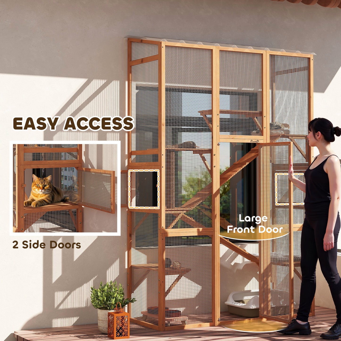 Large Outdoor Wooden Cat Enclosure with Platforms, Ramps & Scratching Post