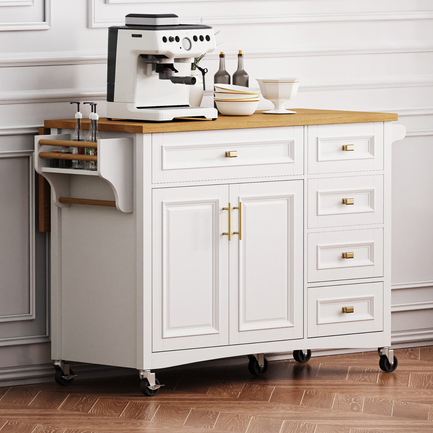 52'' Kitchen Island on Wheels with Drop Leaf & Storage - White