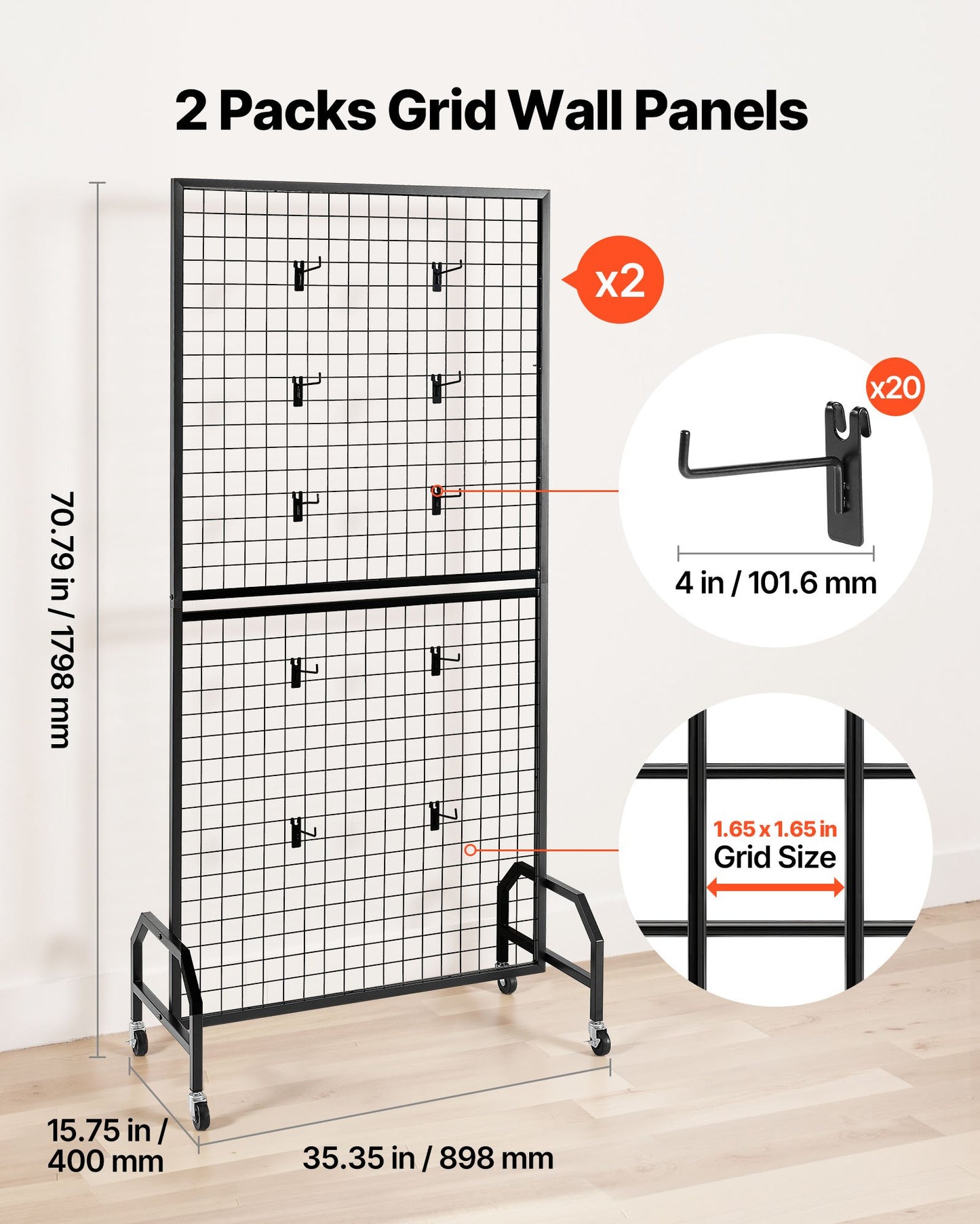 Grid Wall Panel Display Rack with Wheels - 2.9 x 5.9 Ft, 2 Packs
