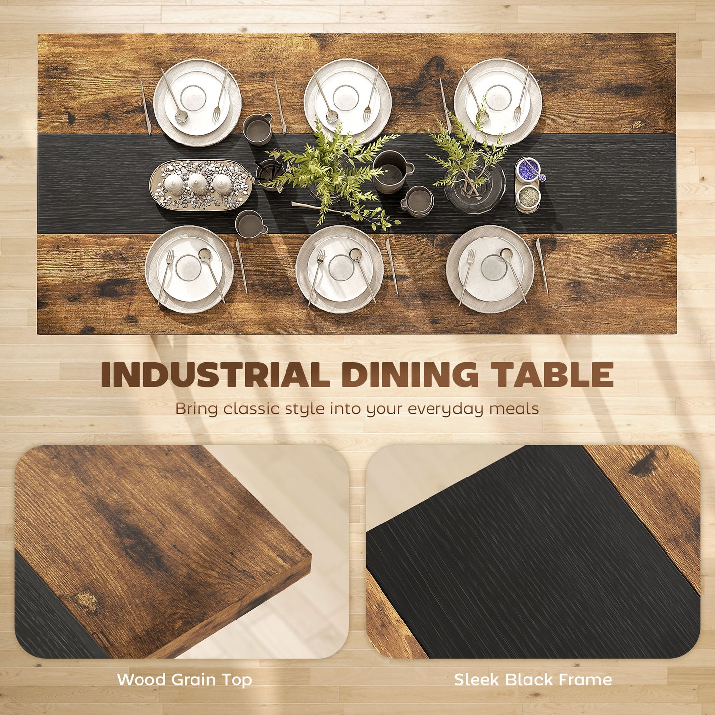 Industrial Kitchen Dining Table for 8 - 70.9" Brown MDF Top