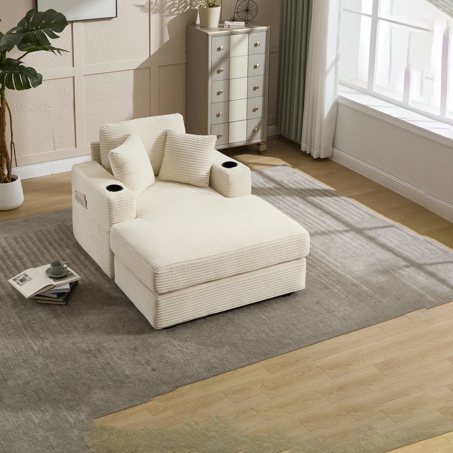 Beige Corduroy Chaise Lounge Sofa with Detachable Cushions