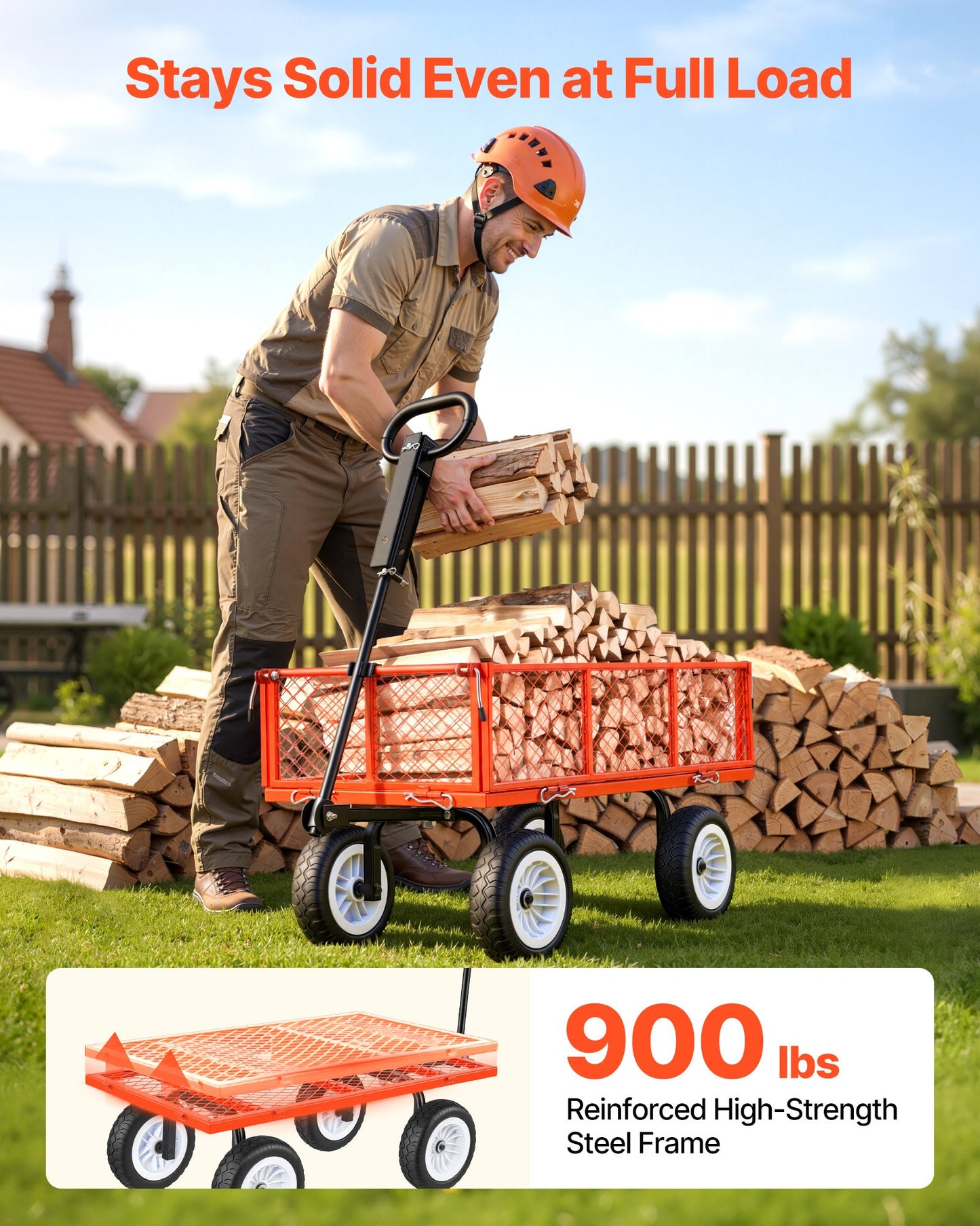 Heavy Duty Steel Garden Cart with 900 Lbs Capacity, Detachable Side Panels & 10-Inch Flat-Free Tires