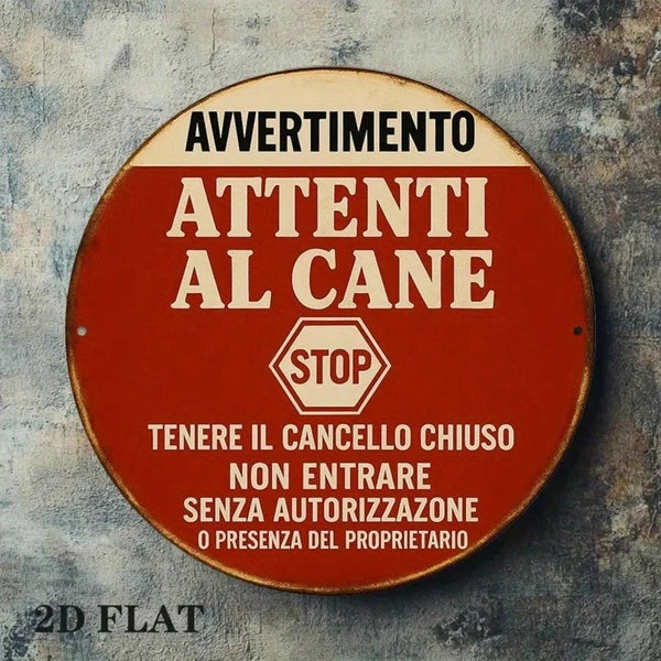 Vintage Italian Beware Of Dog Metal Sign - 8-Inch Round Plaque