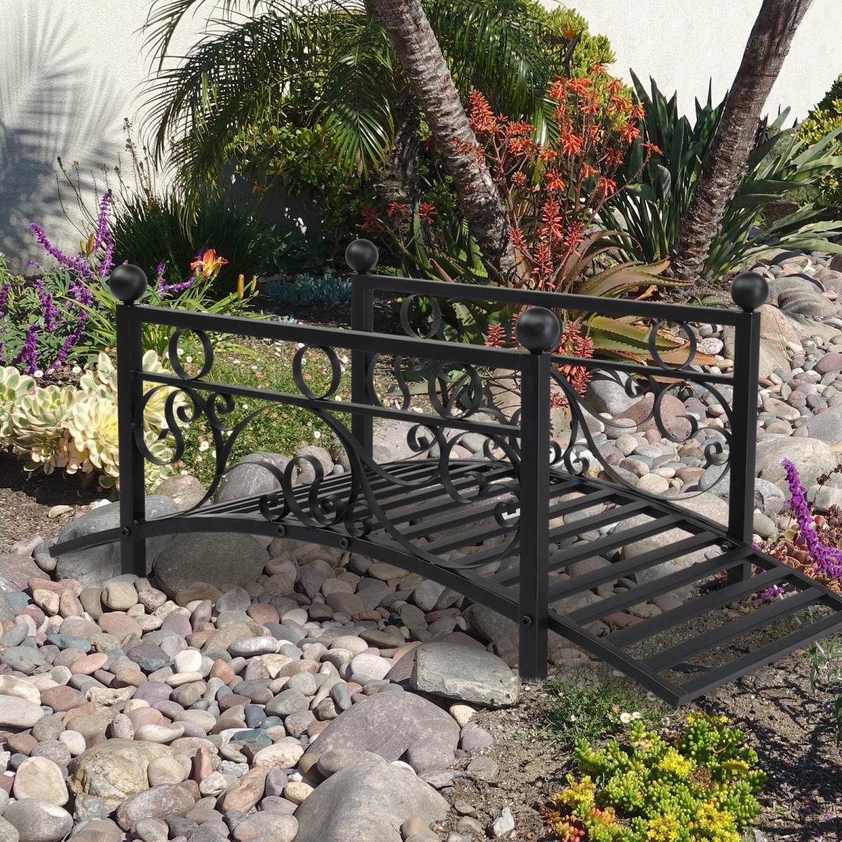 Metal Garden Bridge Outdoor Patio Pond Bridge with Powder-Coated Finish and Security Guardrail - Black