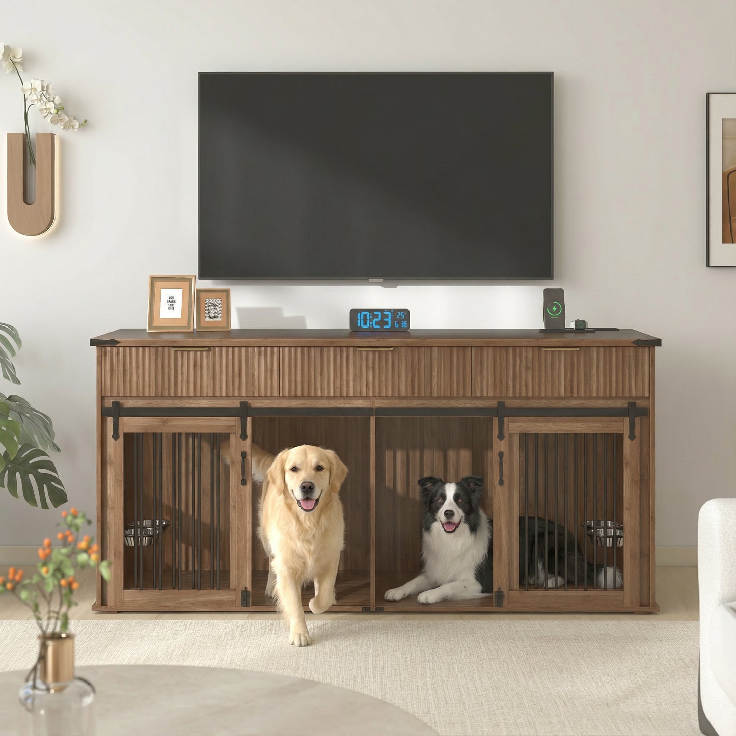 71 Furniture Style Double Dog Crate With 3 Fluted Drawers And