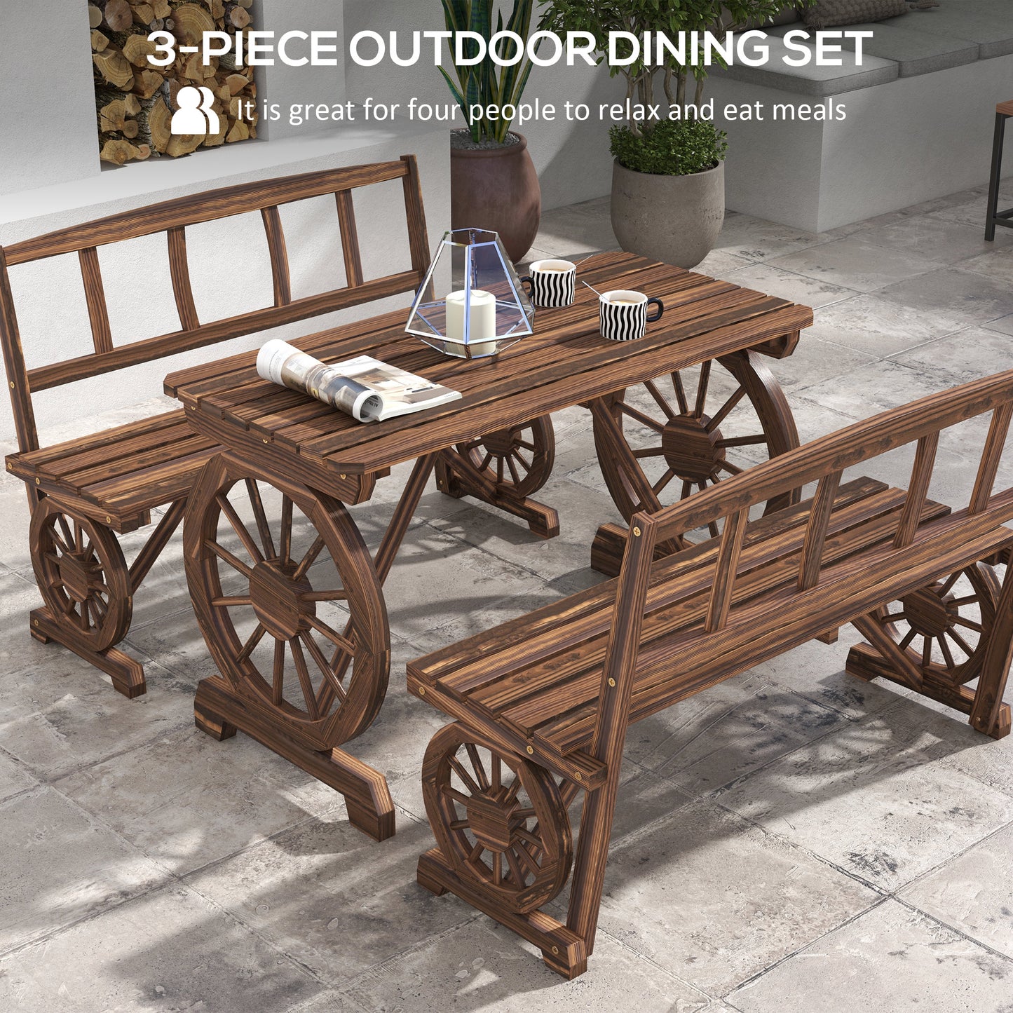 Wagon Wheel Outdoor Furniture Set for 4 - Carbonized Pine