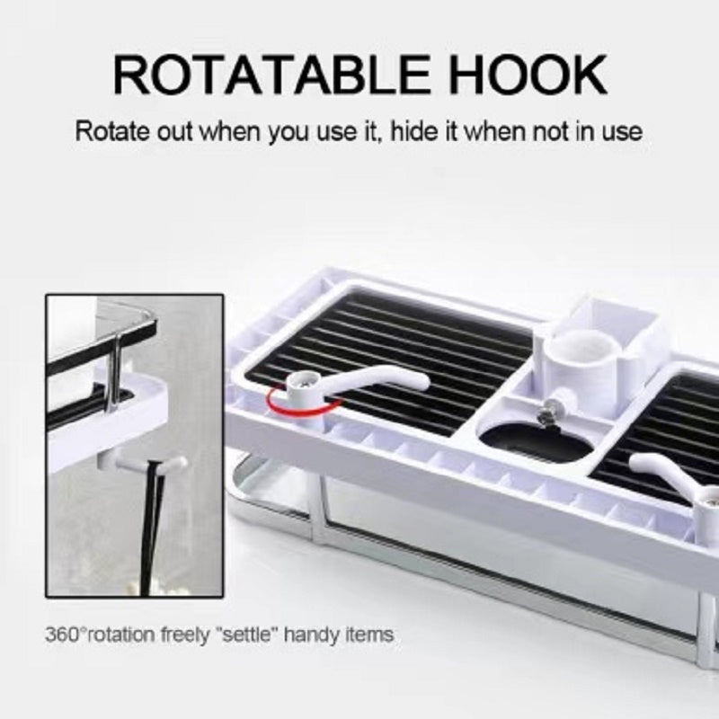 Bathroom Shower Rod Rack Without Punching, Wall-Mount Storage Shelf with Bracket, White or Black