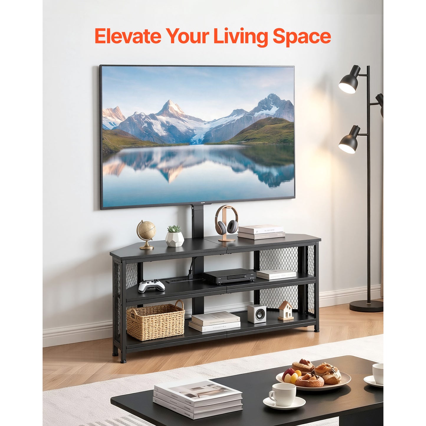 45.3 Inch Corner TV Stand with Mount, Height-Adjustable Entertainment Center with Storage & LED Lights, Fits 32-75 Inch TVs, Black