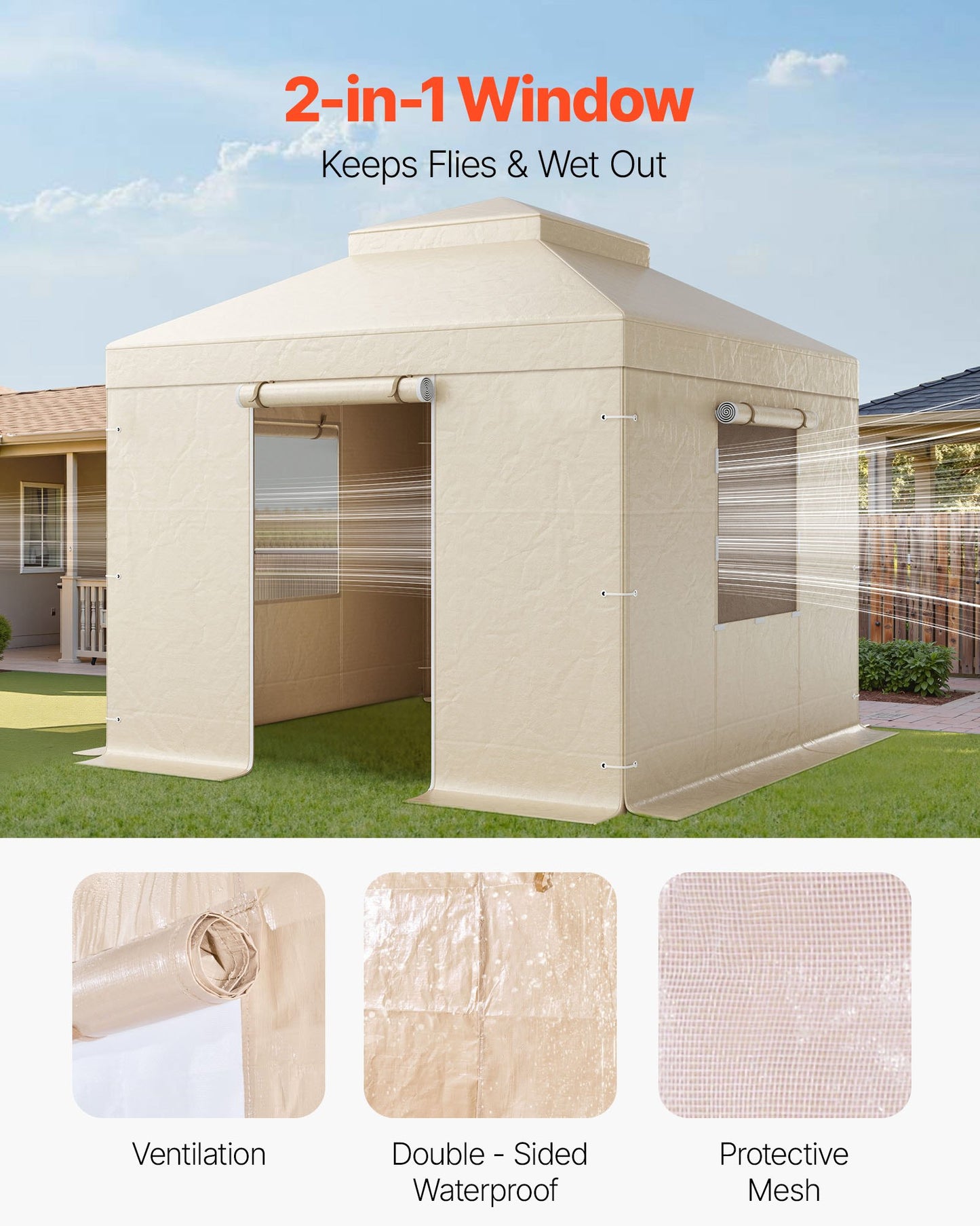 Winter Gazebo Cover for 10x10 Ft Double Roof Garden Gazebos Mesh with Windows - Beige