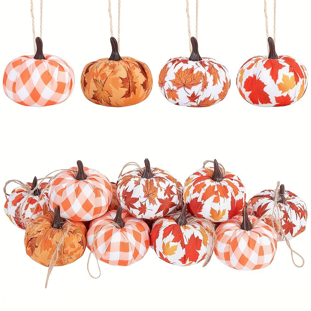 Checked Cloth Pumpkin-Shaped Holiday Ornaments Set - Maple Leaf Design