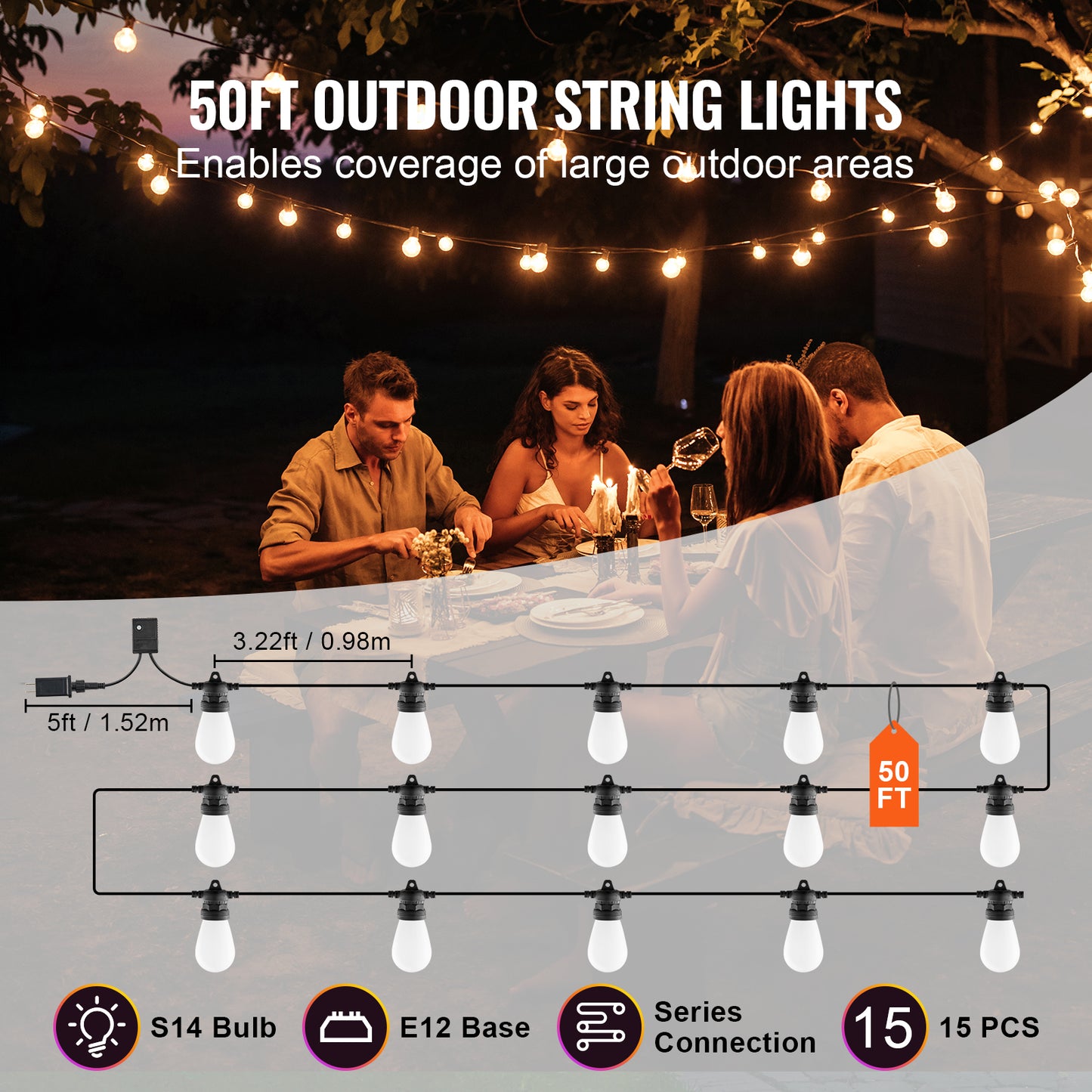 Outdoor String Lights 50FT Waterproof APP Control Bulb Set for Patio & Holiday Decor