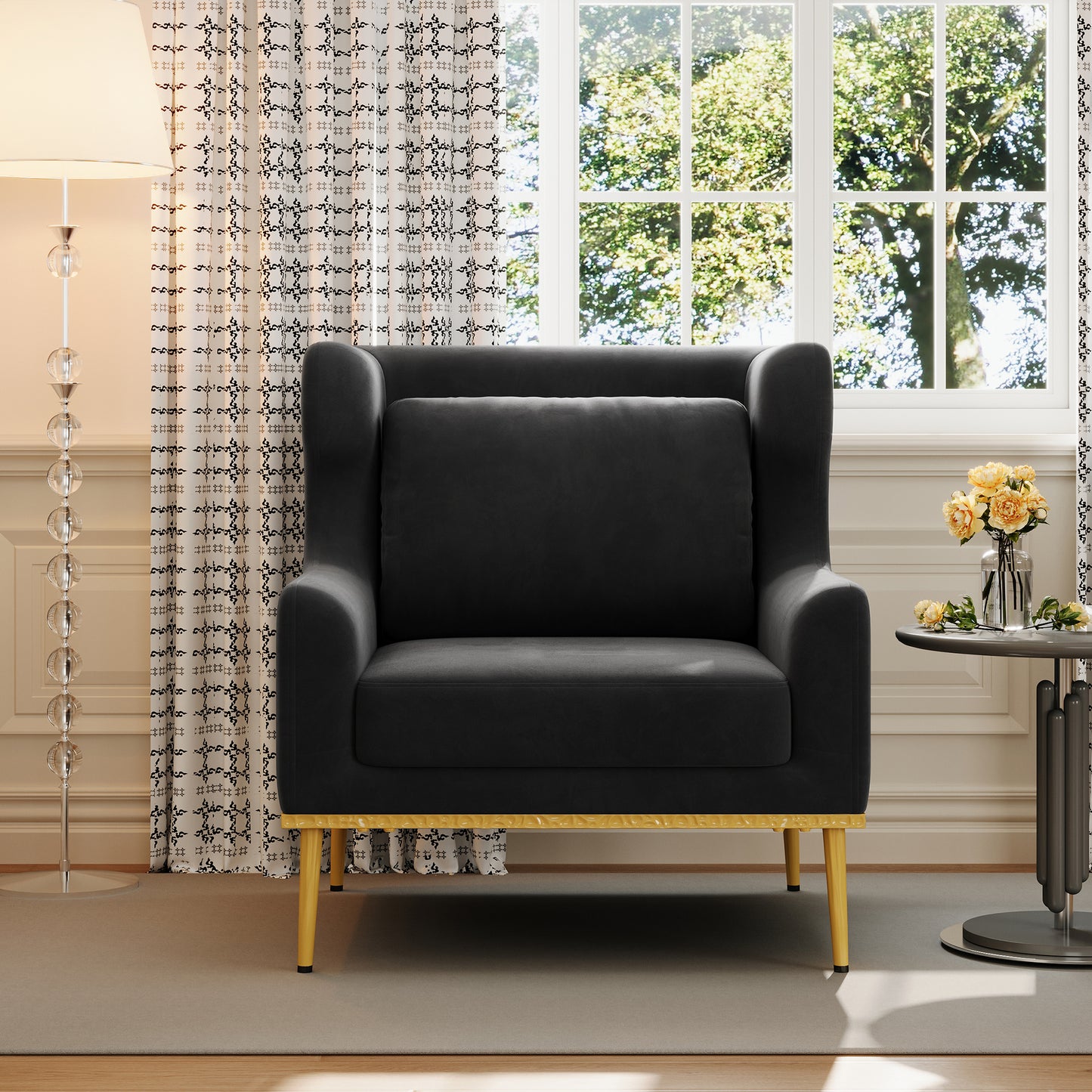 Black Velvet Accent Chair - Modern Armchair for Living Room