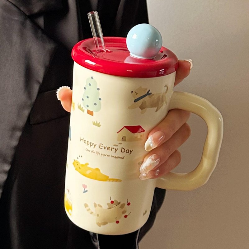 Ceramic Drinking Cup with Lid - Cartoon Style, 500ml Capacity, Multiple Variants