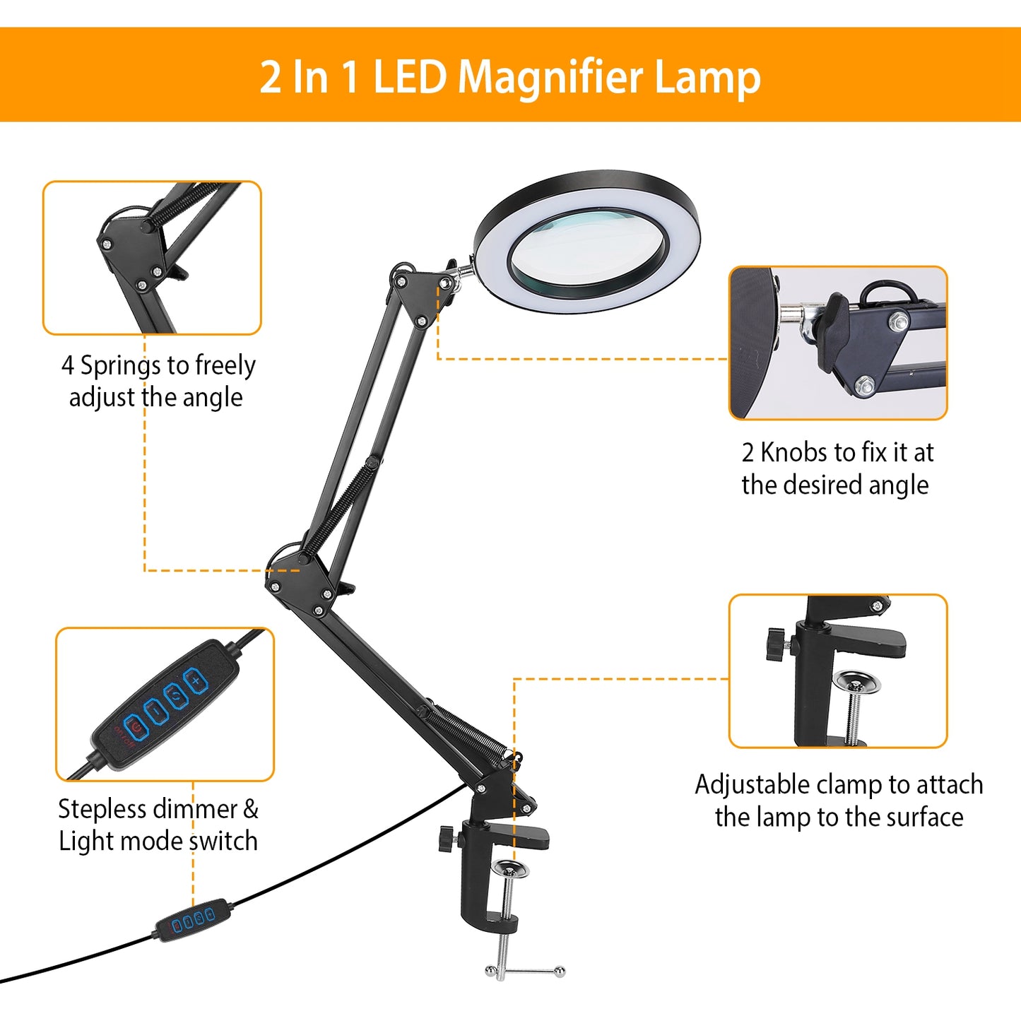 8X Magnifying Desk Lamp with Light, Clamp & Stand, 3 Light Modes, Black